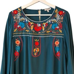 JODIFL green-teal mini dress multi color embroider details.  Lightweight Size M